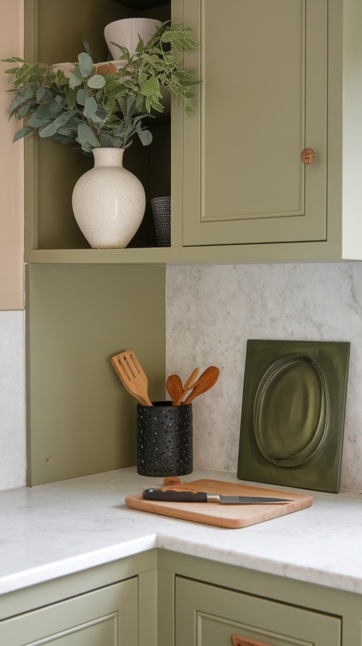 A sage green kitchen with decorative items including a vase, utensils, and a knife on a wooden board.