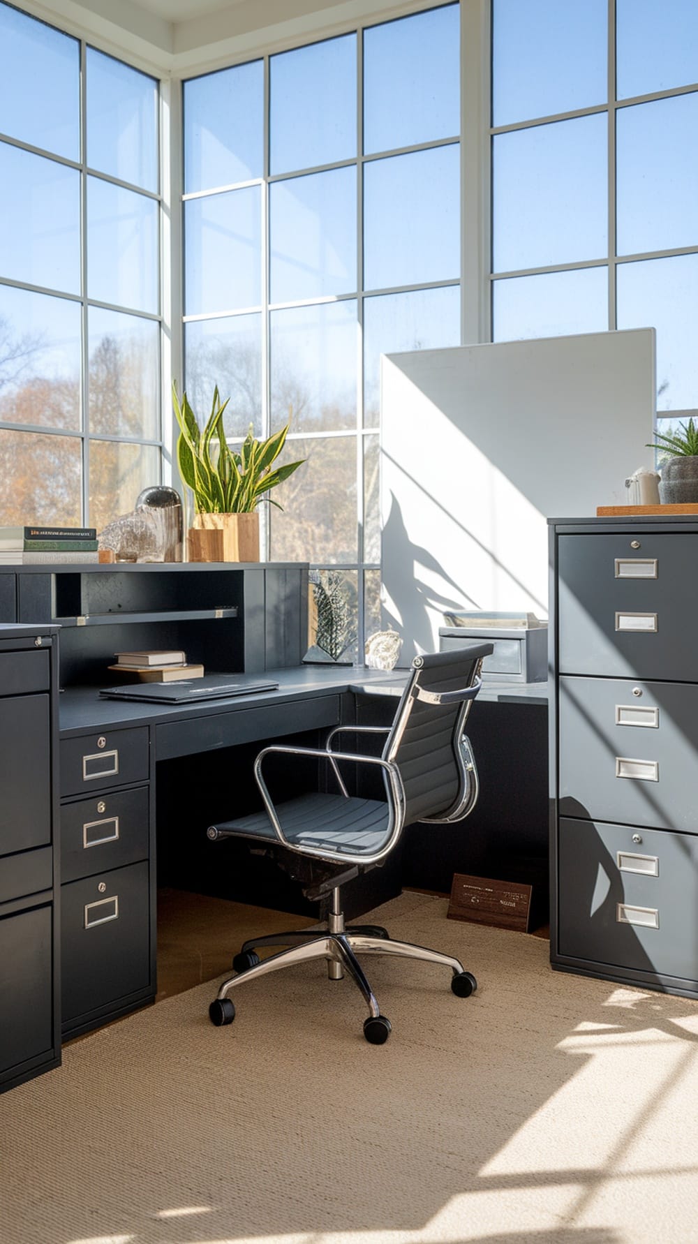 A charcoal gray home office with large windows, a modern desk, an ergonomic chair, and plants.