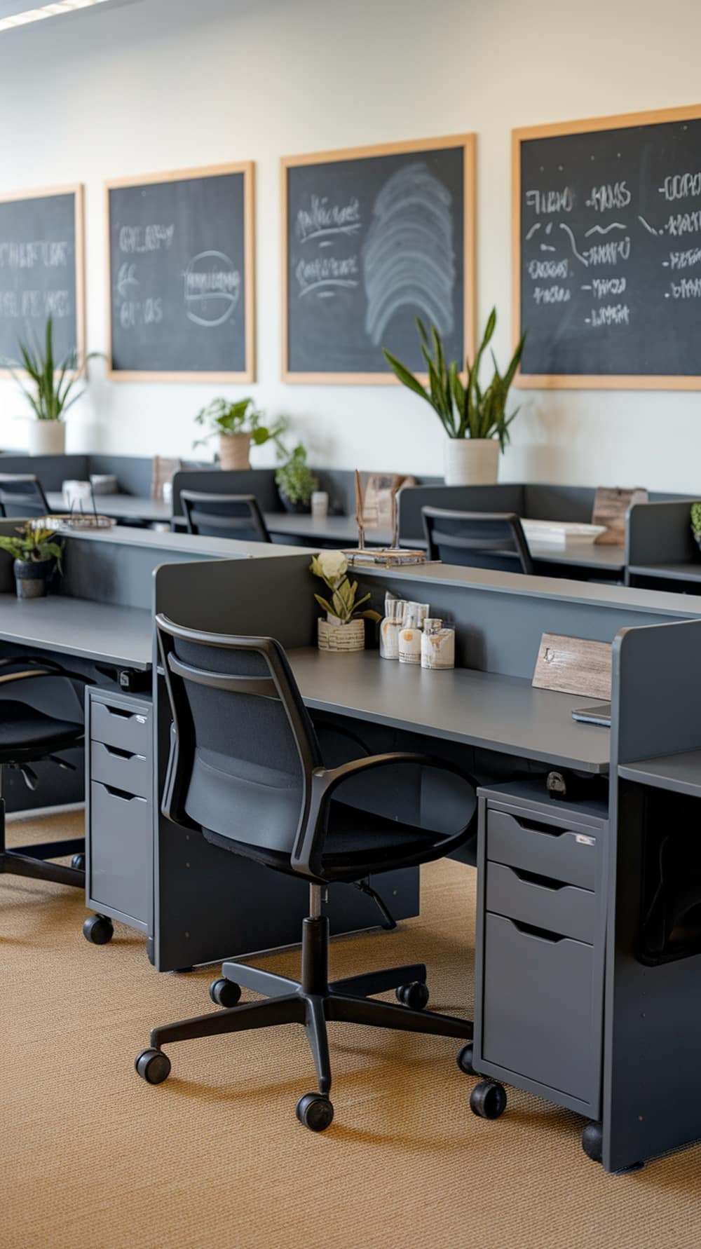 Charcoal gray office workstations with plants and chalkboards