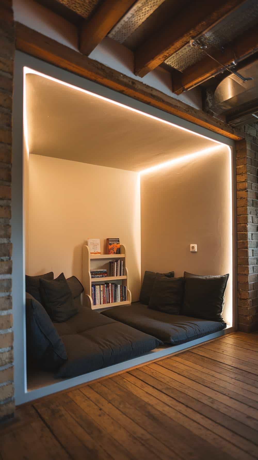 Cozy reading nook with charcoal gray cushions and a small bookshelf.