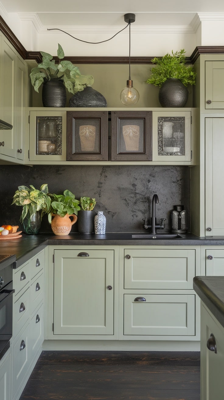 Sage green kitchen with dark accents and plants.