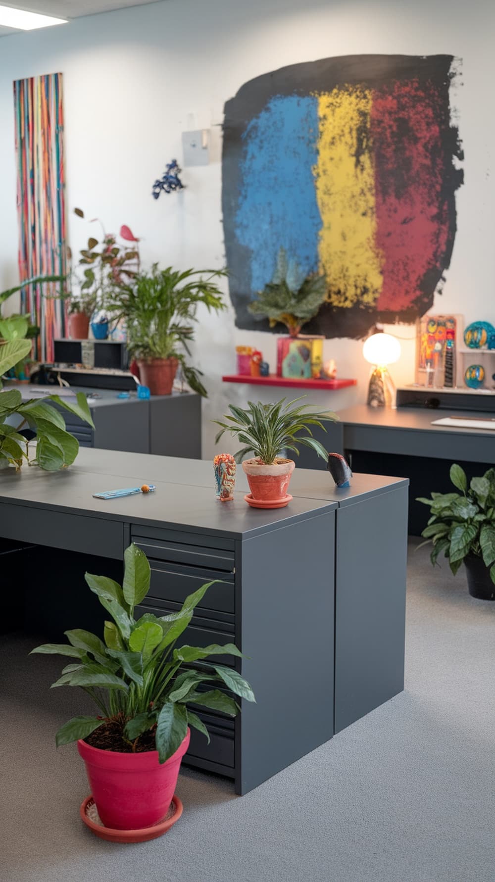 A modern office setup featuring charcoal gray desks, colorful artwork, and plants.