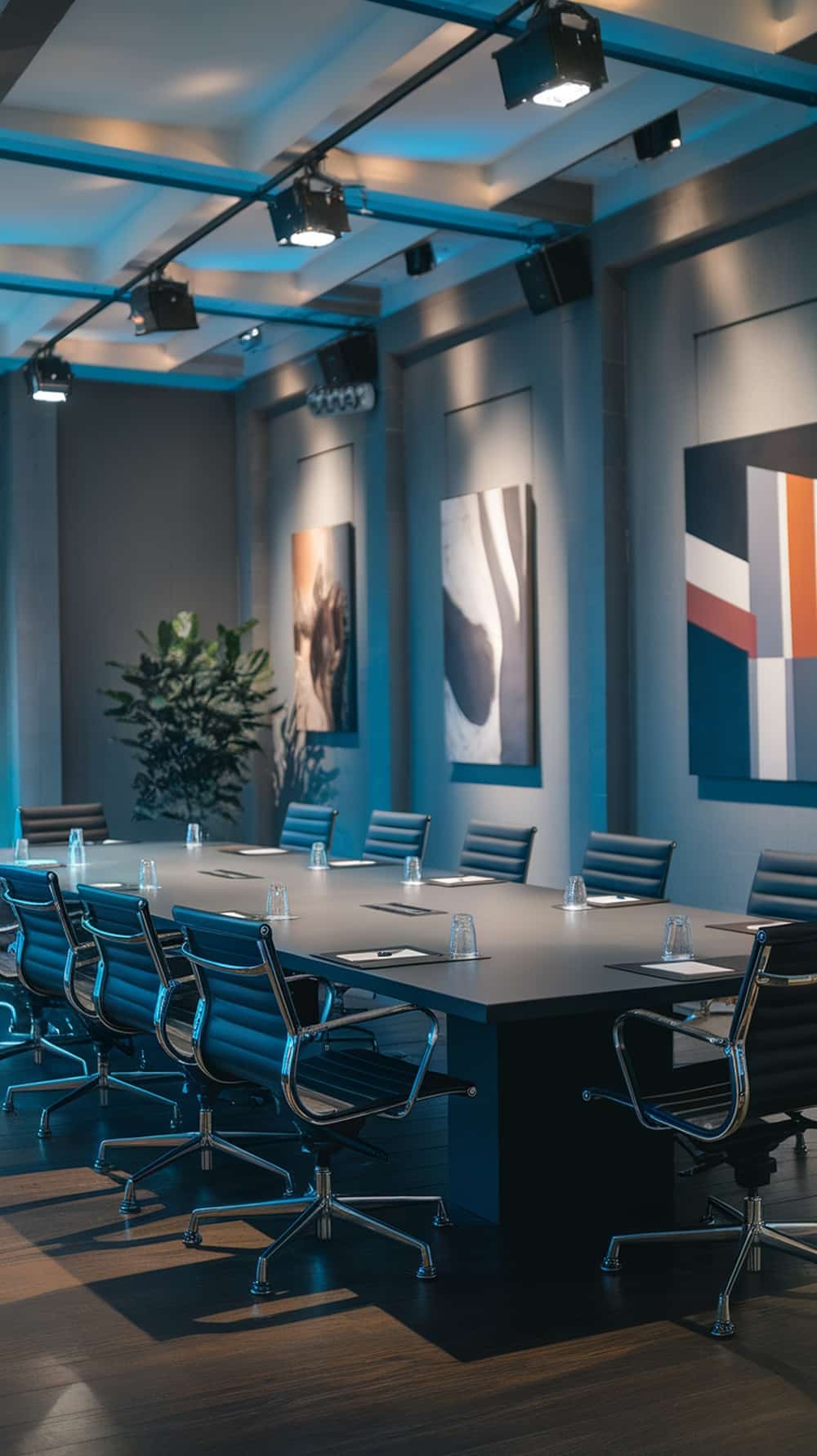 A stylish charcoal gray conference room featuring a long table and modern chairs, with artwork on the walls and a plant in the corner.