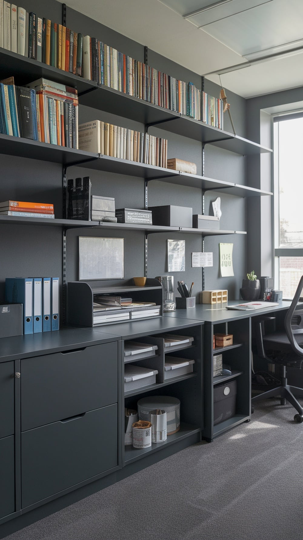 A modern office setup with charcoal gray storage solutions including a desk with drawers, shelves filled with books, and decorative boxes.