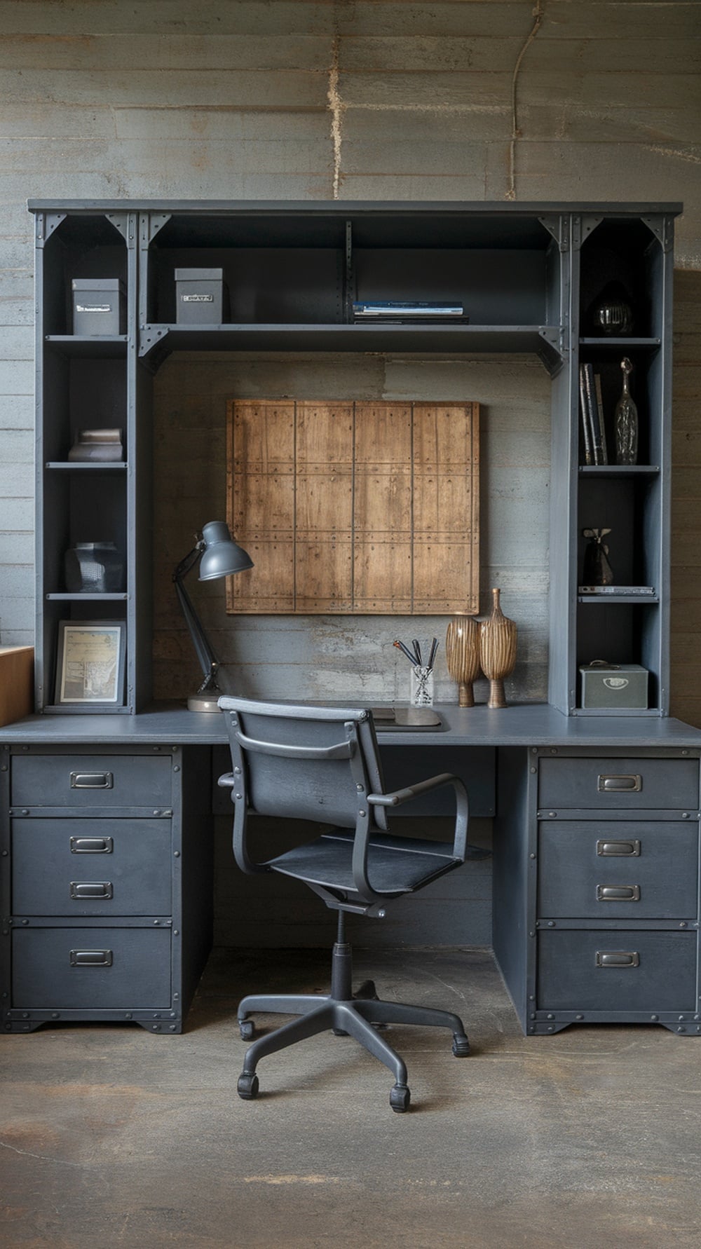 A stylish charcoal gray office workstation with a desk, chair, shelves, and decorative elements.