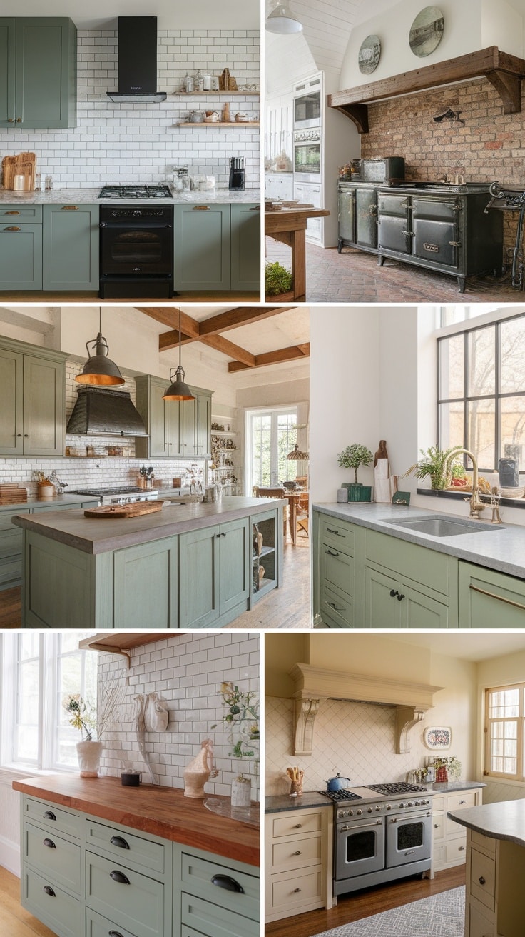 A collage of various kitchen designs featuring sage green cabinets.