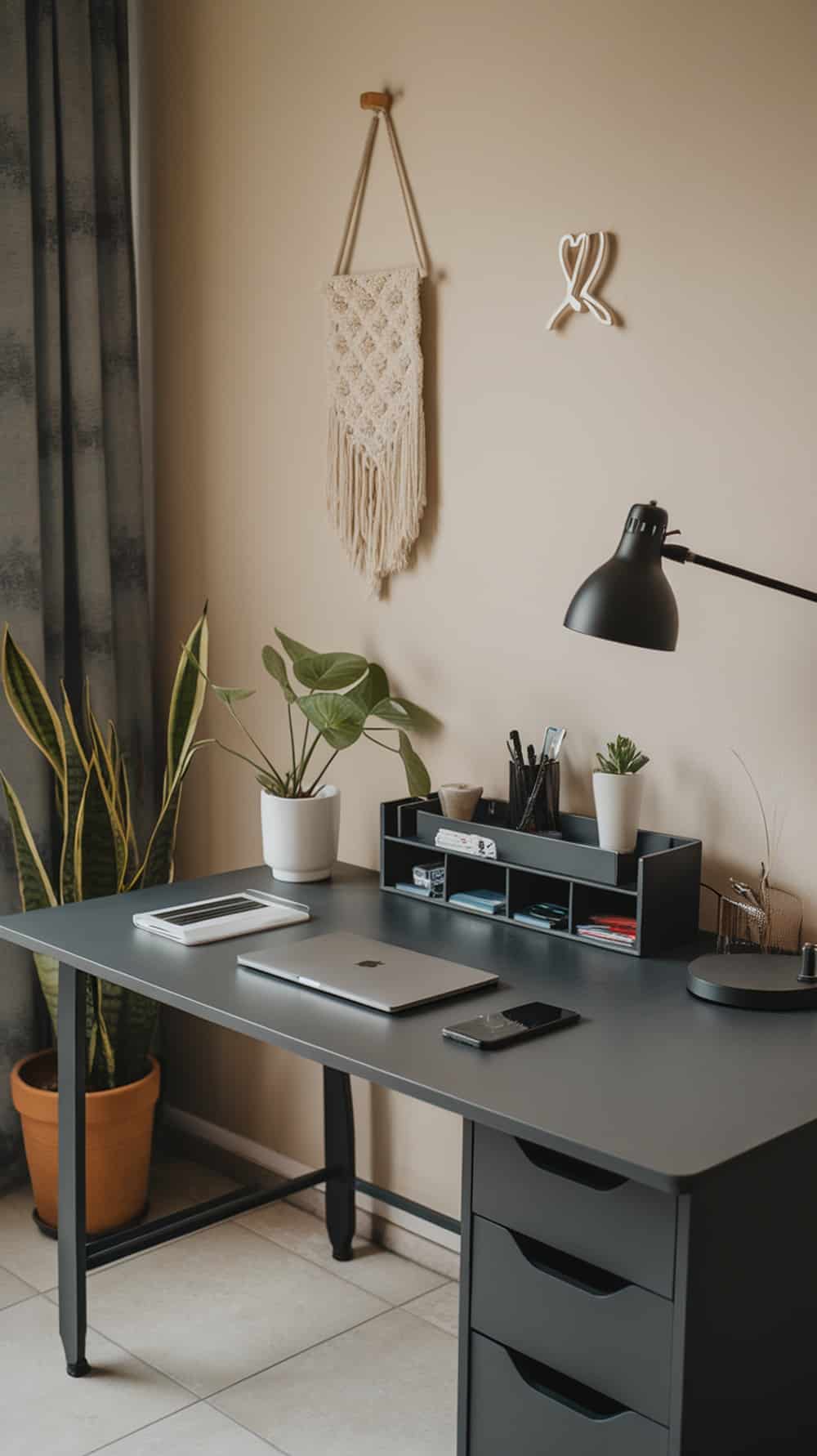 A modern charcoal gray desk setup featuring a laptop, tablet, plants, and an organized stationery holder.