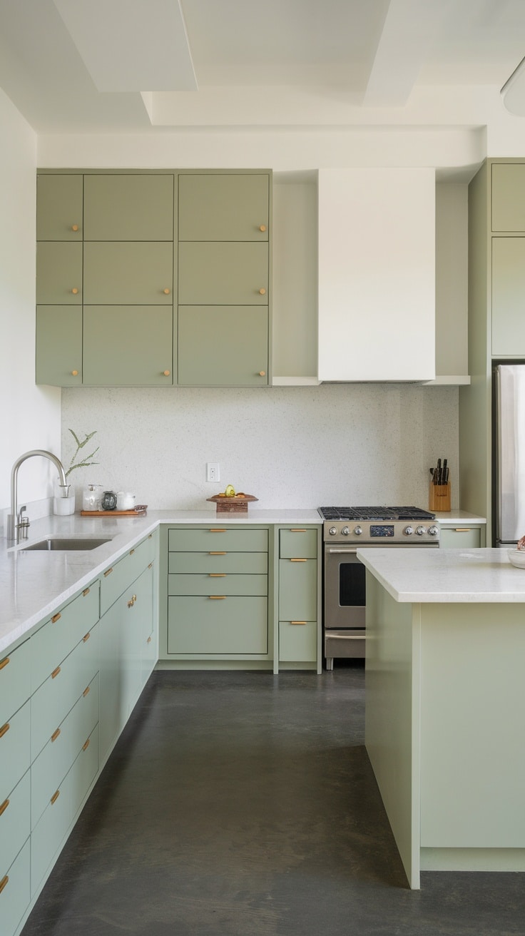 A modern kitchen featuring sage green cabinets with sleek design and light countertops.