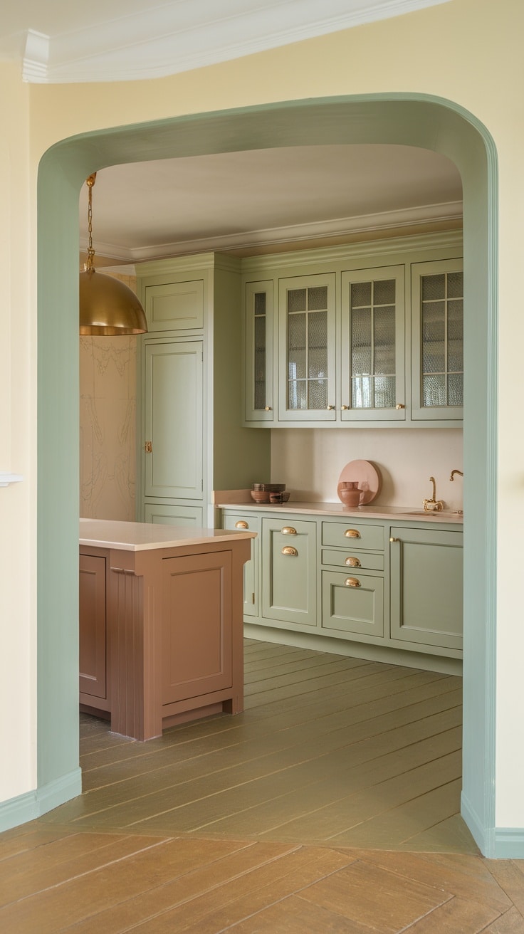 Sage green kitchen cabinets with color palette options including beige, terracotta, and mustard.