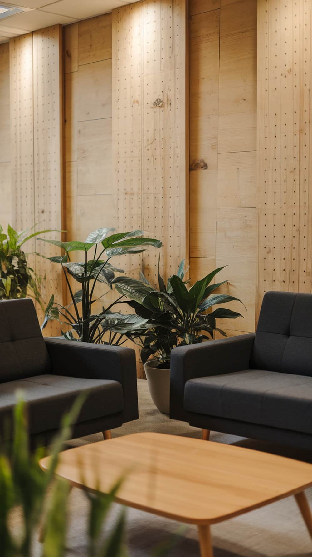 Charcoal gray lounge area with cozy chairs and wooden wall