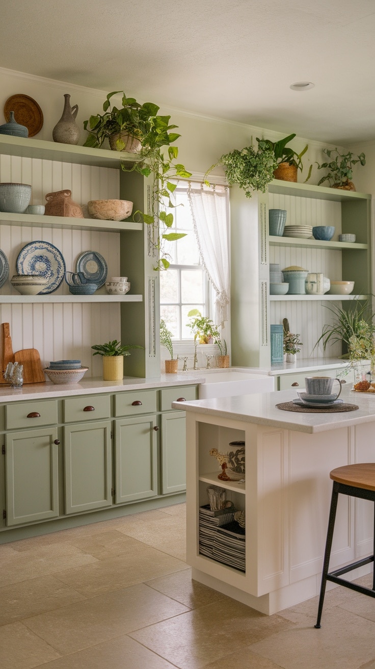 A sage green kitchen with open shelving displaying various dishes and plants.