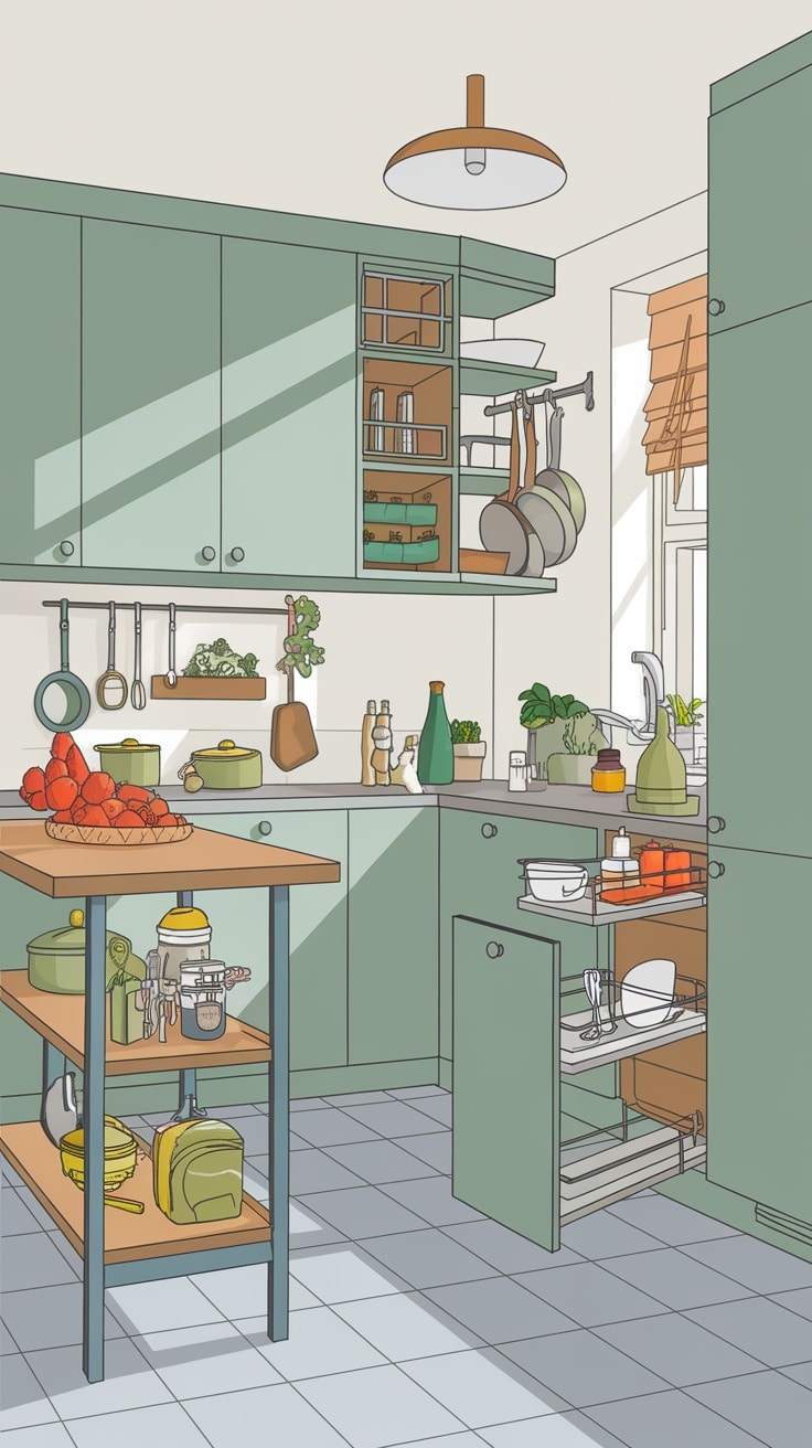 Stylish small kitchen featuring sage green cabinets and open shelving