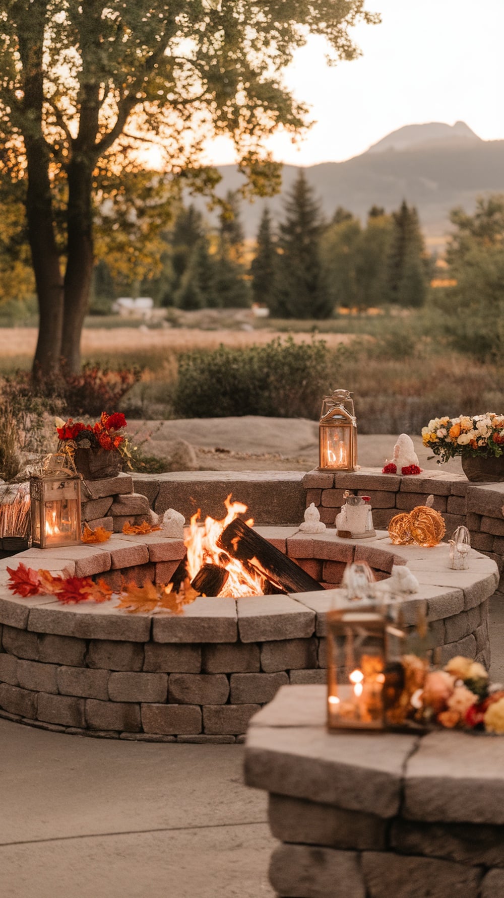 A cozy outdoor fire pit area surrounded by decorations for fall, featuring lanterns, pumpkins, and colorful foliage.