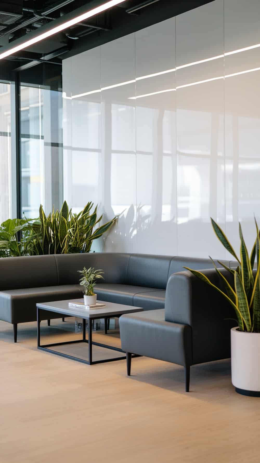 A modern office collaborative area featuring sleek charcoal gray furniture, a coffee table, and green plants.