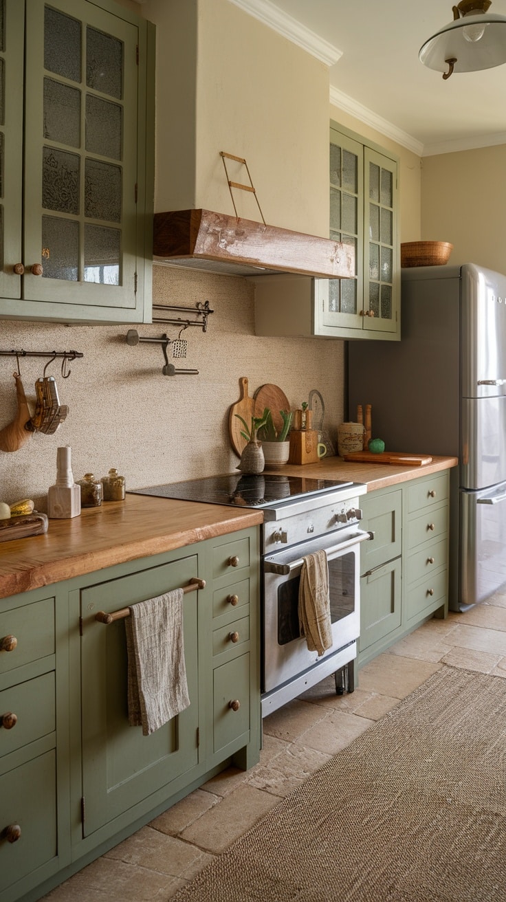 A kitchen featuring sage green cabinets with natural wood accents.