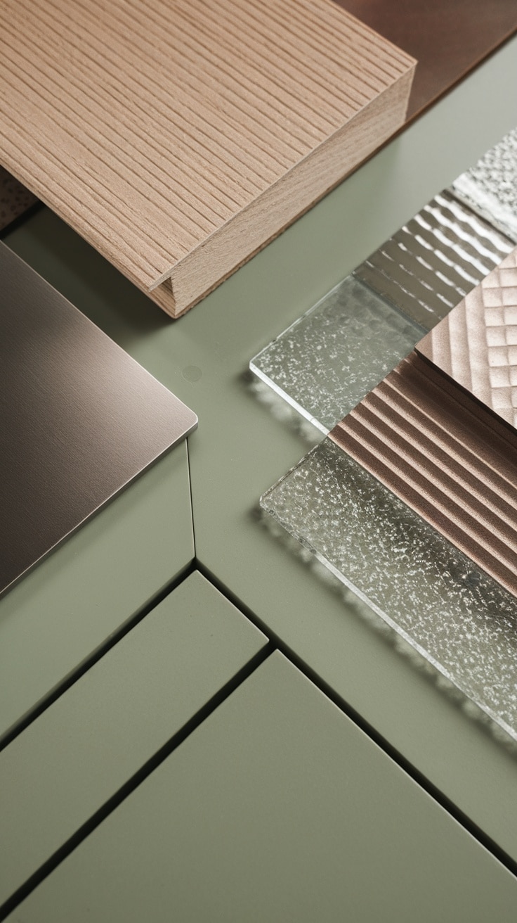 Samples of different textures and finishes including wood, metal, and glass on sage green surface.