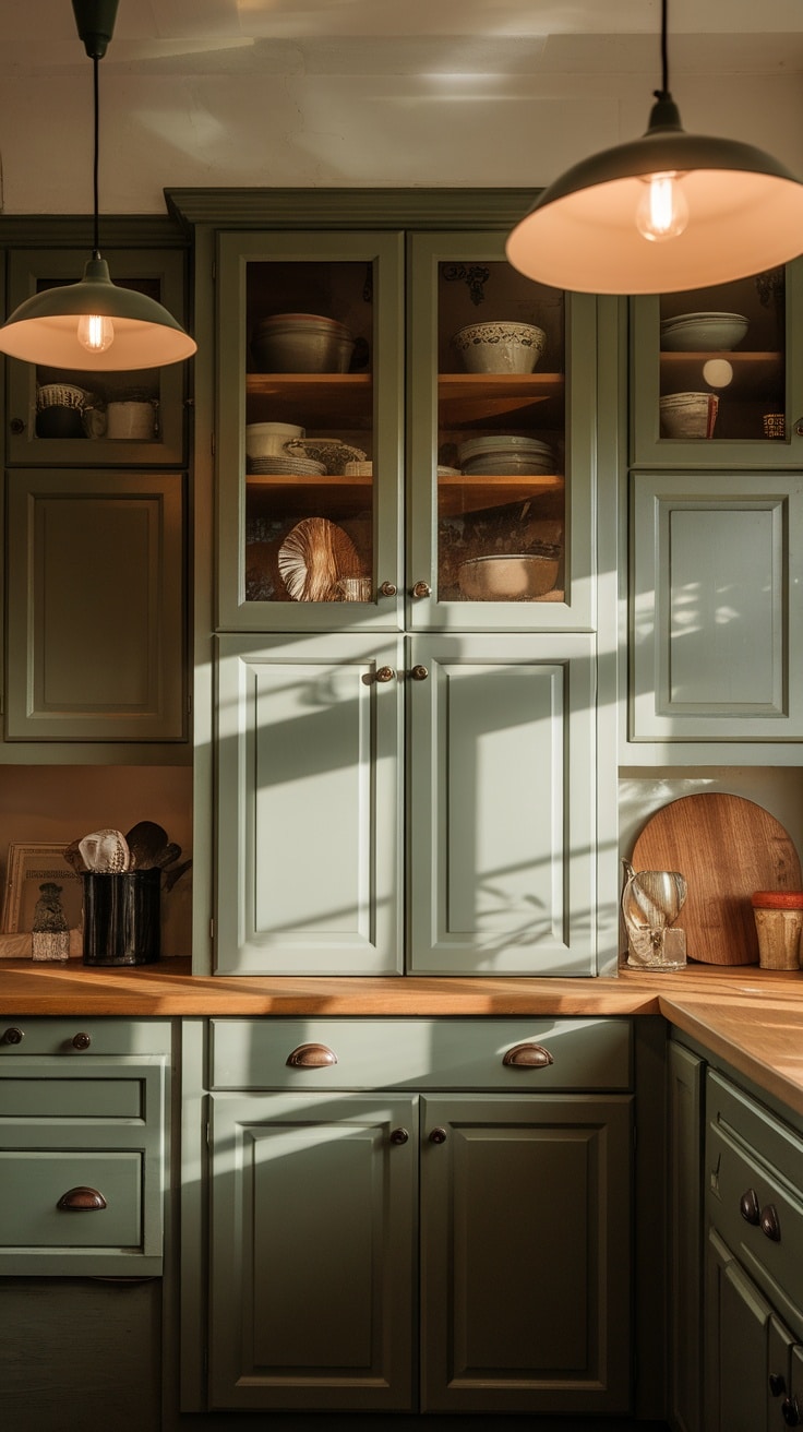 A cozy kitchen with sage green cabinets and warm lighting.