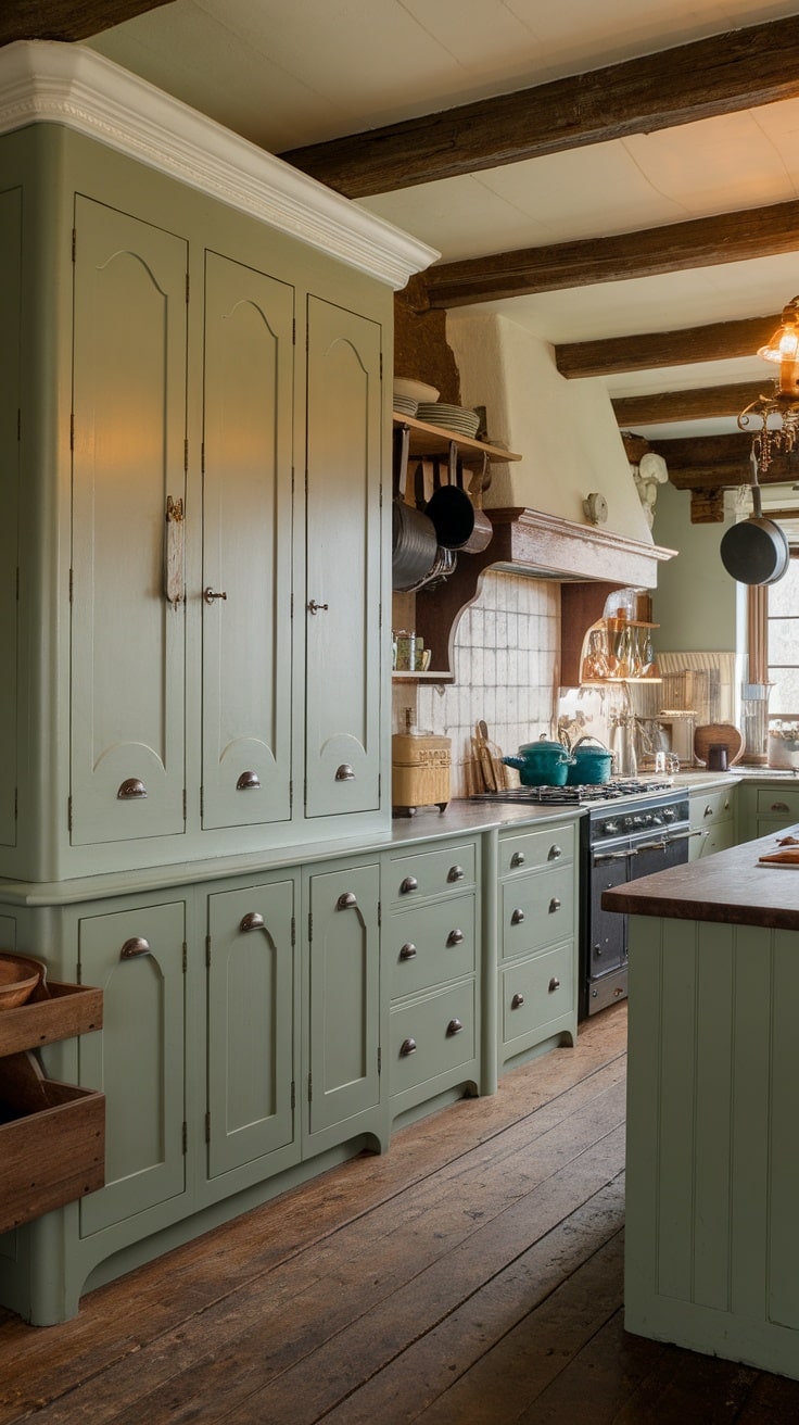 Traditional kitchen with sage green cabinets and wooden accents.