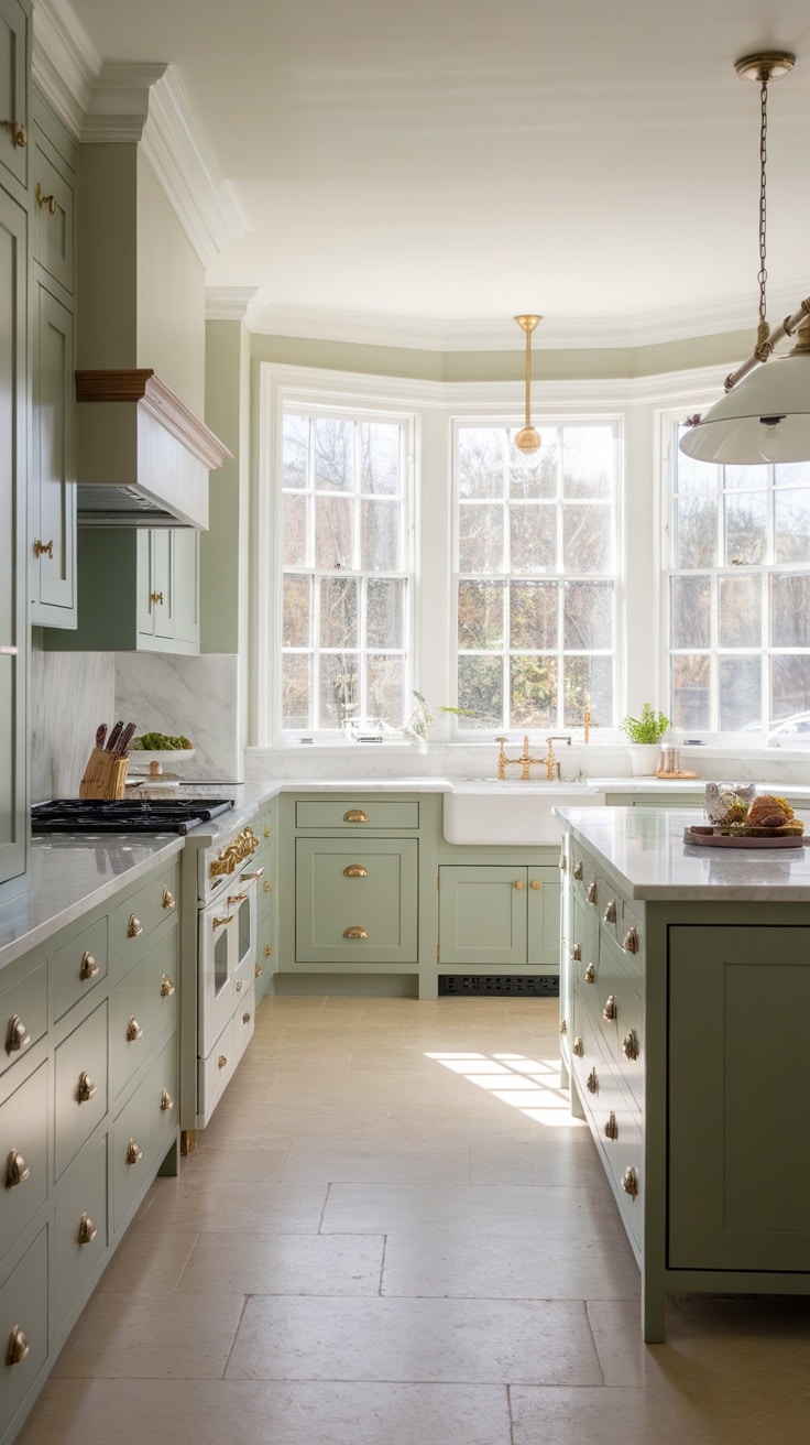 A bright kitchen featuring sage green cabinets and warm accents.