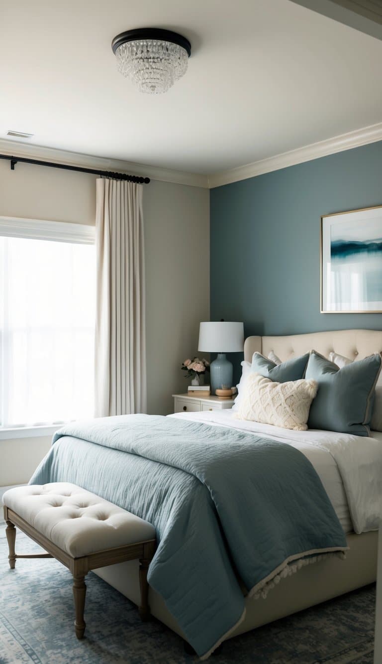 A cozy bedroom with dusty blue and cream accents, soft lighting, and plush bedding creates a serene retreat
