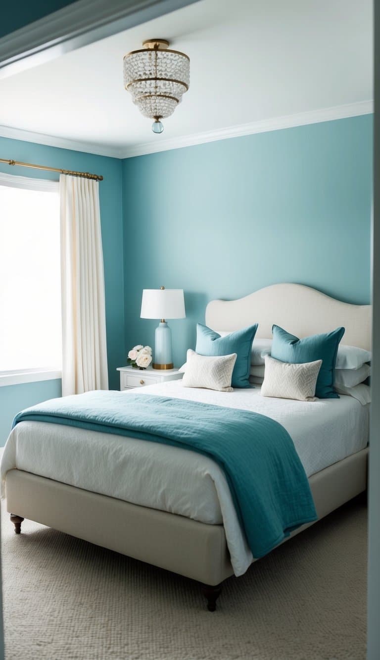 The room is painted in a soft, dusty blue with cream accents, creating a serene and tranquil bedroom retreat