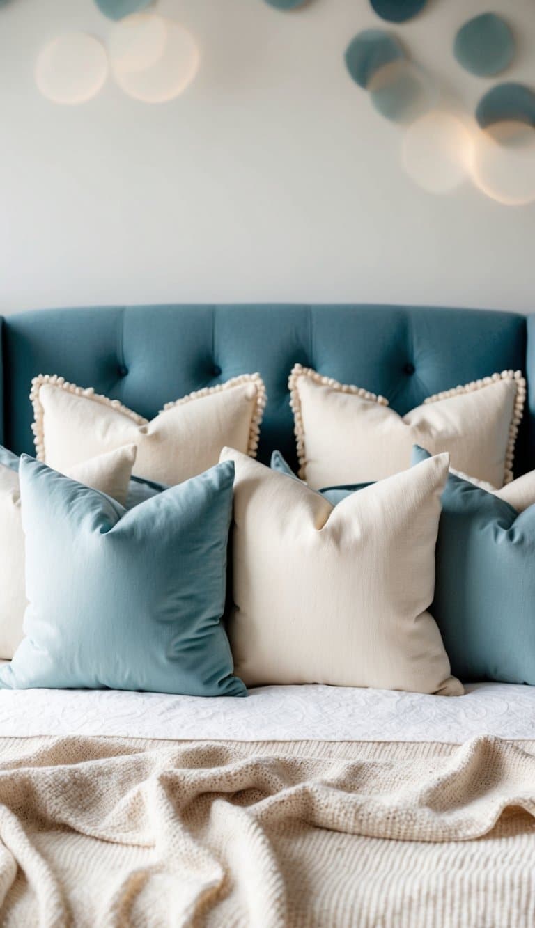 A cozy bedroom with cream throw pillows and dusty blue accents, creating a serene and inviting atmosphere for relaxation