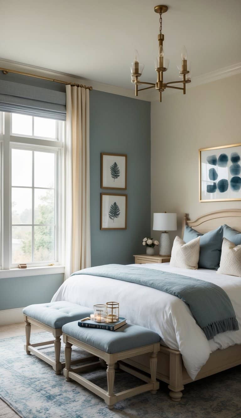 A cozy bedroom with light wooden furniture, adorned with dusty blue and cream accents for a serene retreat