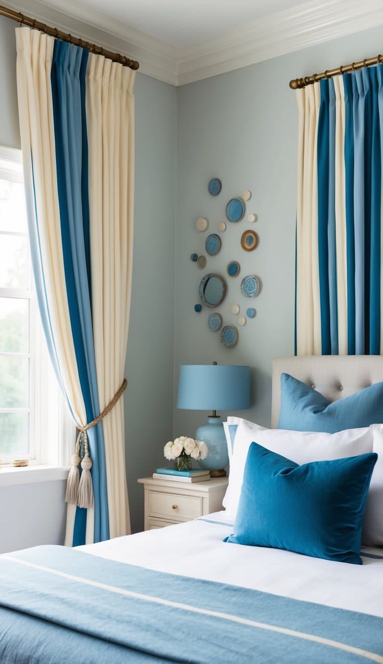 A serene bedroom with blue and cream striped curtains, accented with dusty blue and cream decor