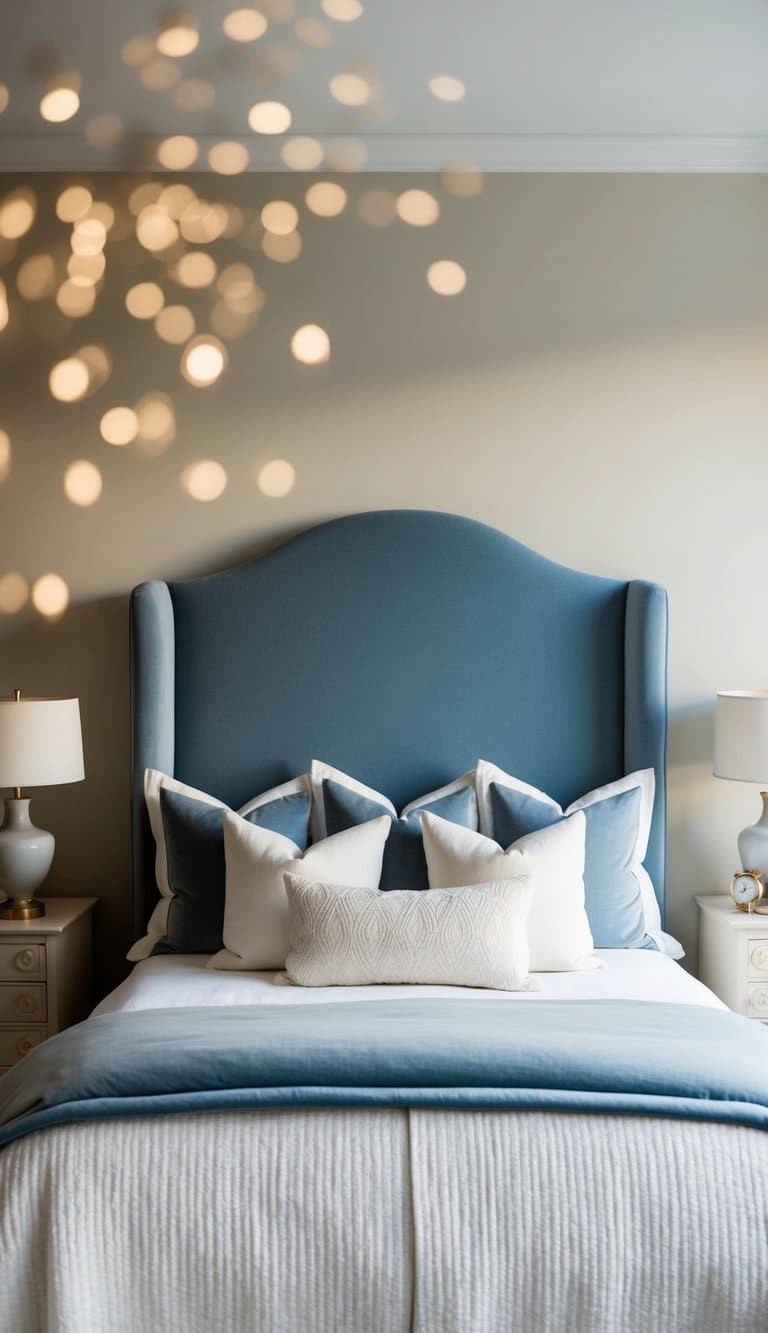 A serene bedroom with a dusty blue upholstered headboard, cream accents, and a tranquil atmosphere