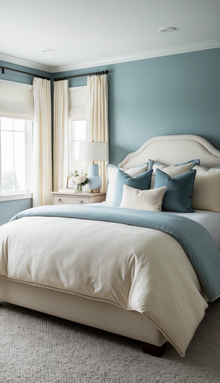 The bed is adorned with cream-colored bedding, complemented by dusty blue and cream accents creating a serene bedroom retreat