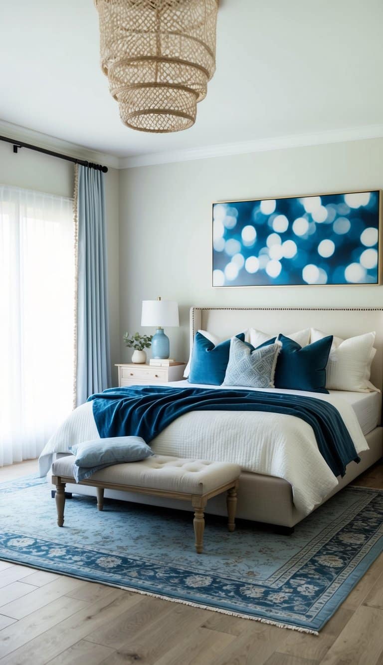 A serene bedroom retreat with a blue rug as the focal point, adorned with 15 dusty blue and cream accents