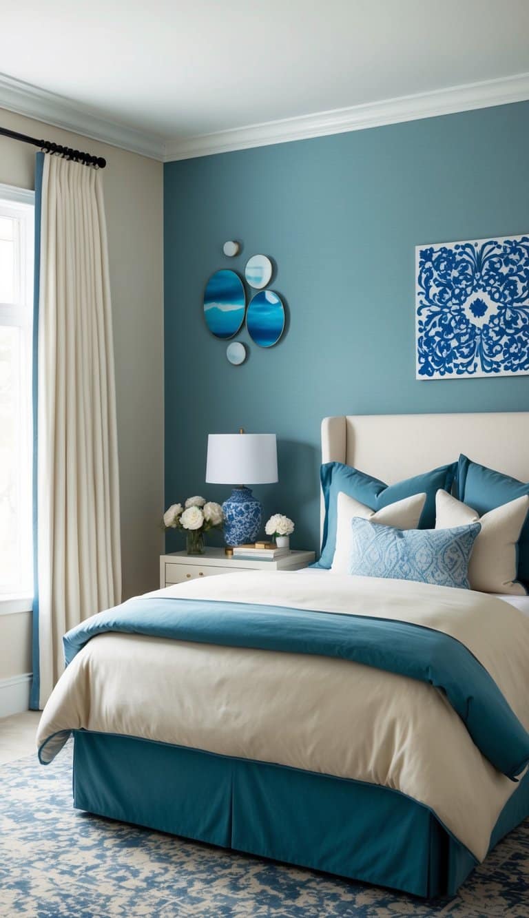 A serene bedroom with dusty blue and cream accents, adorned with blue wall art for interest
