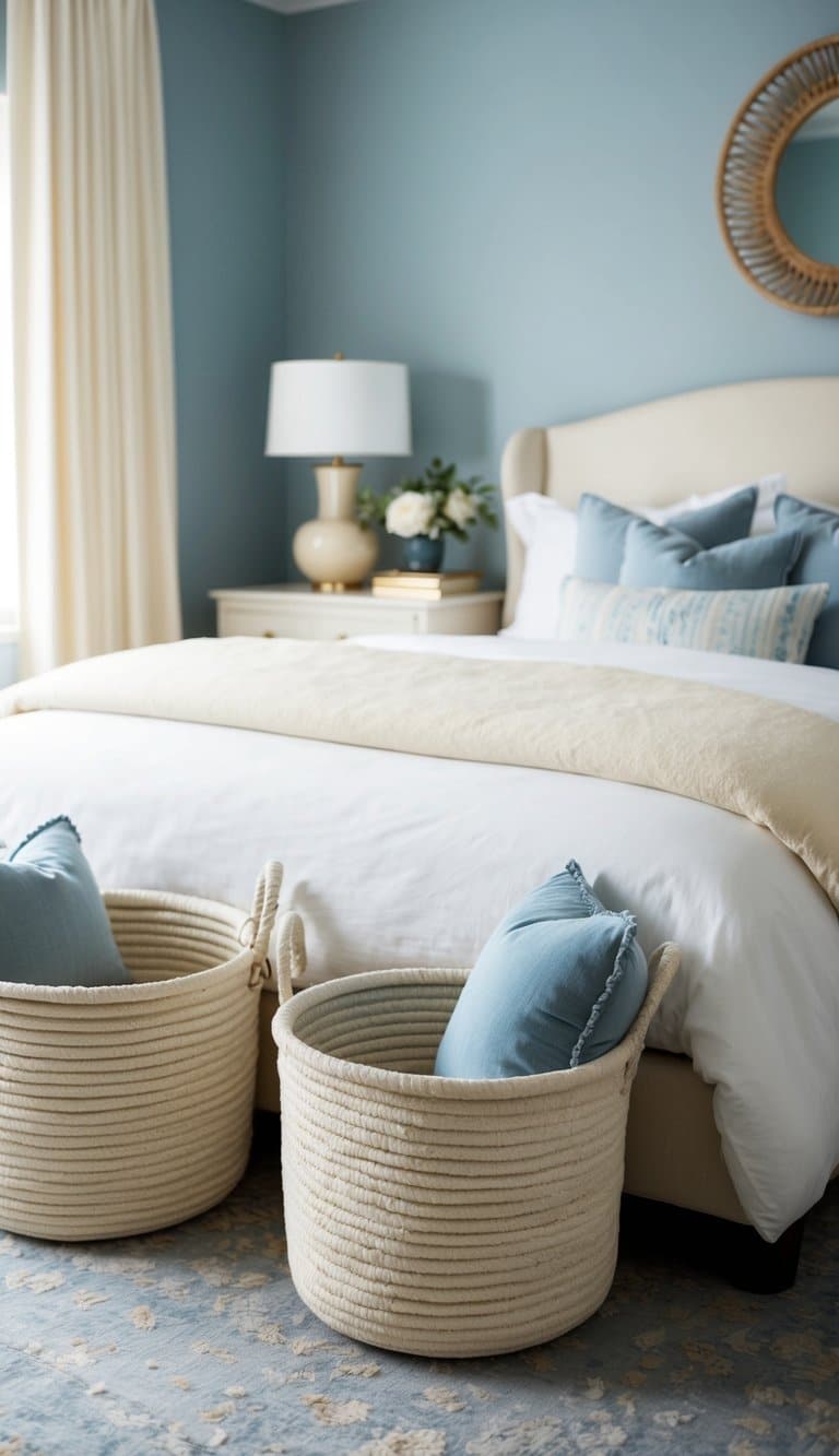 Cream baskets hold dusty blue and cream accents in a serene bedroom retreat