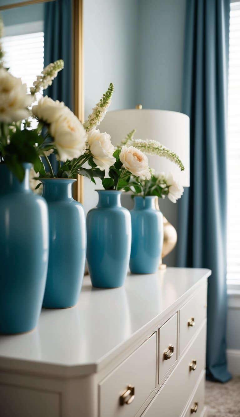 Dusty blue vases hold cream flowers on a bedroom dresser amid serene decor