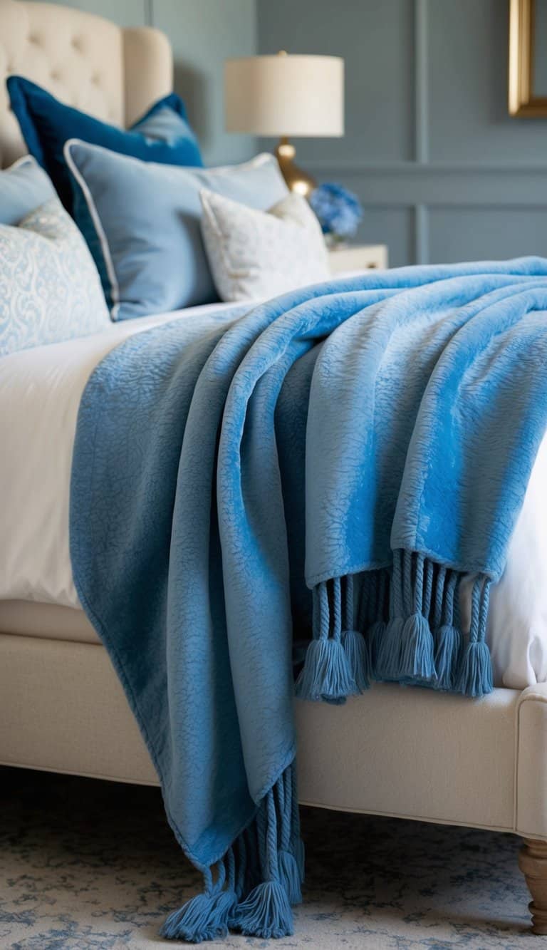 A plush blue throw drapes over a serene bed with dusty blue and cream accents