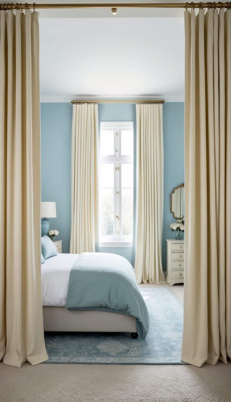 Cream curtains frame a serene bedroom with dusty blue and cream accents, creating a tranquil retreat