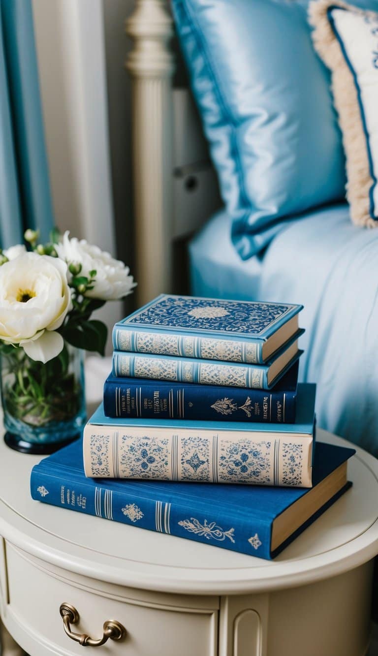 A stack of blue and cream decorative books sits on a bedside table, surrounded by dusty blue and cream accents, creating a serene bedroom retreat