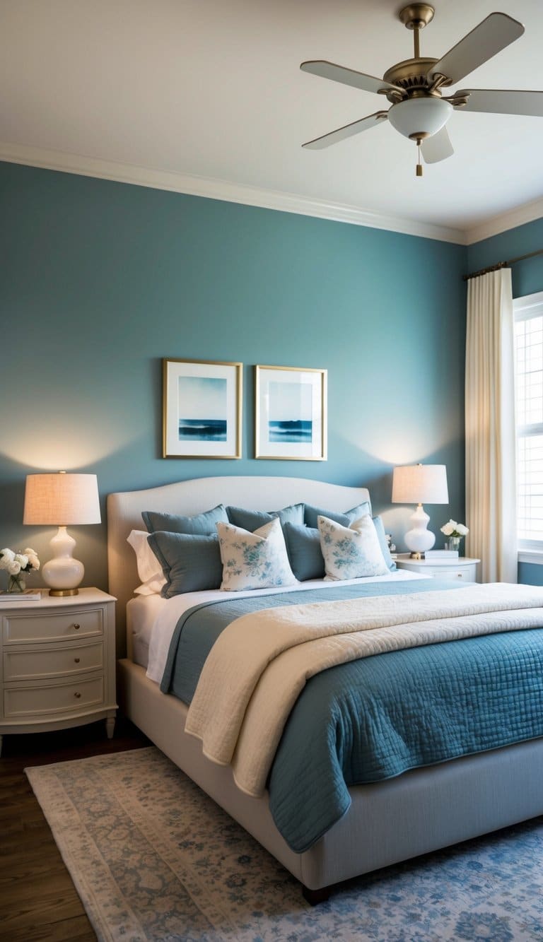 A serene bedroom with a dusty blue accent wall and cream-colored accents throughout