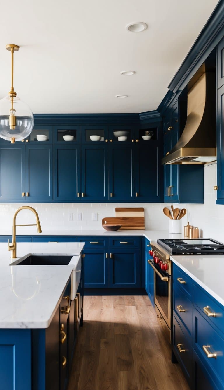 A modern kitchen with navy blue cabinets, brass hardware, and bold design elements