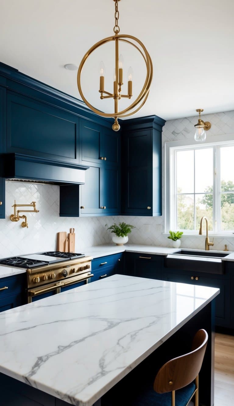 A sleek white marble countertop contrasts with navy blue cabinets and brass hardware in a modern kitchen