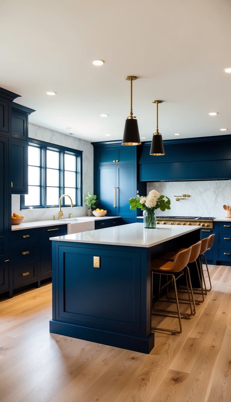 A sleek navy blue island stands as the dramatic centerpiece in a modern kitchen, accented with brass hardware