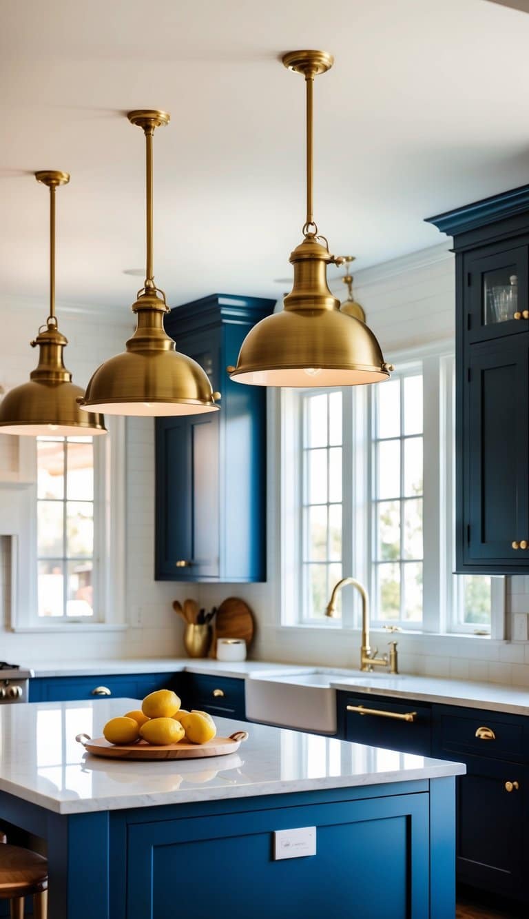 Two brass pendant lights hanging above a navy blue kitchen island with brass hardware