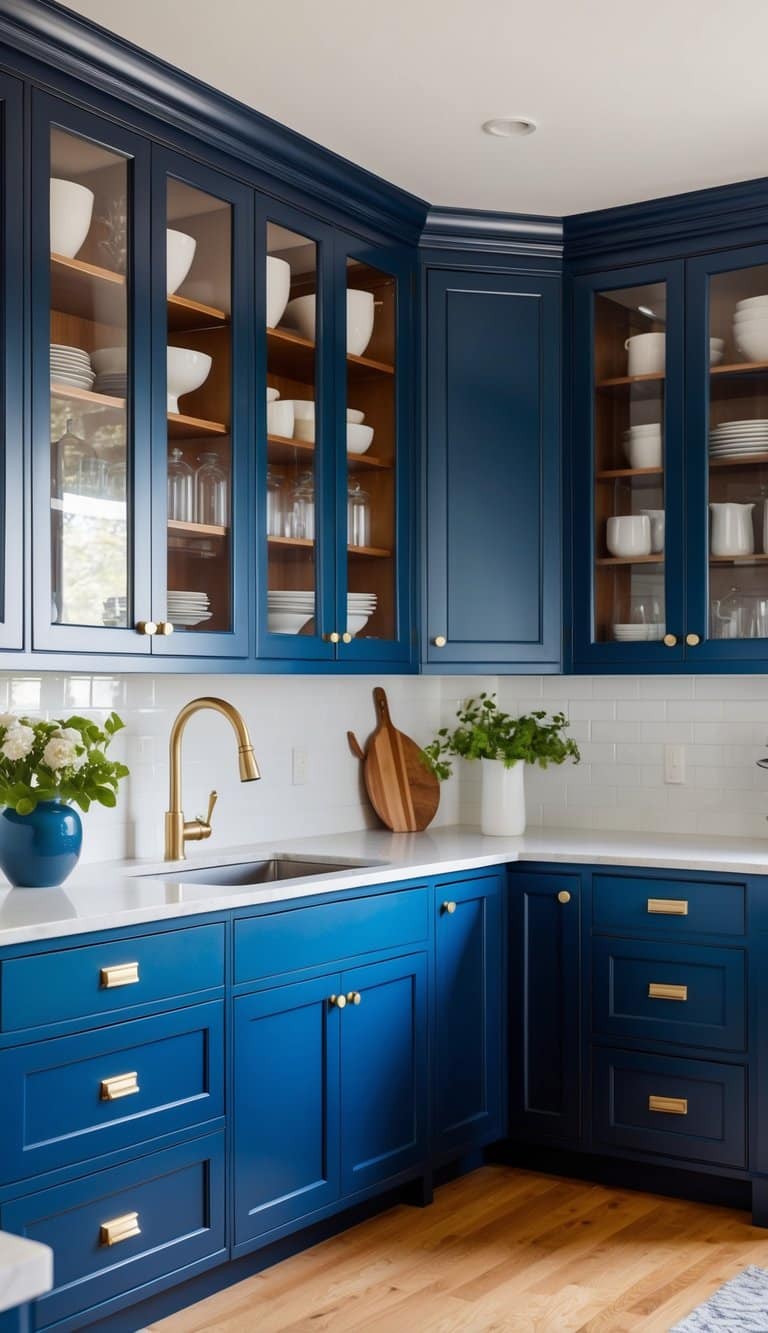 Glass-front cabinets showcase navy blue cabinets and brass hardware in a bright, open kitchen