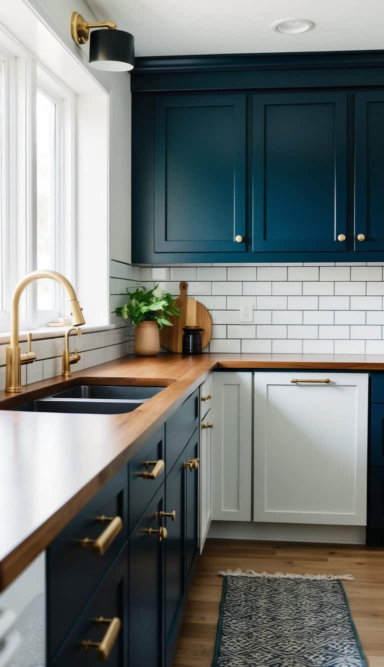 Navy cabinets contrast with brass hardware against a subway tile backsplash in a modern kitchen