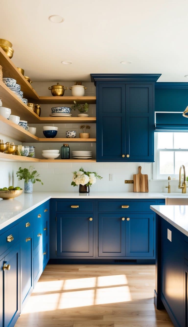 Open shelving filled with decorative items against a navy blue cabinet with brass hardware. Bright, airy kitchen with natural light streaming in