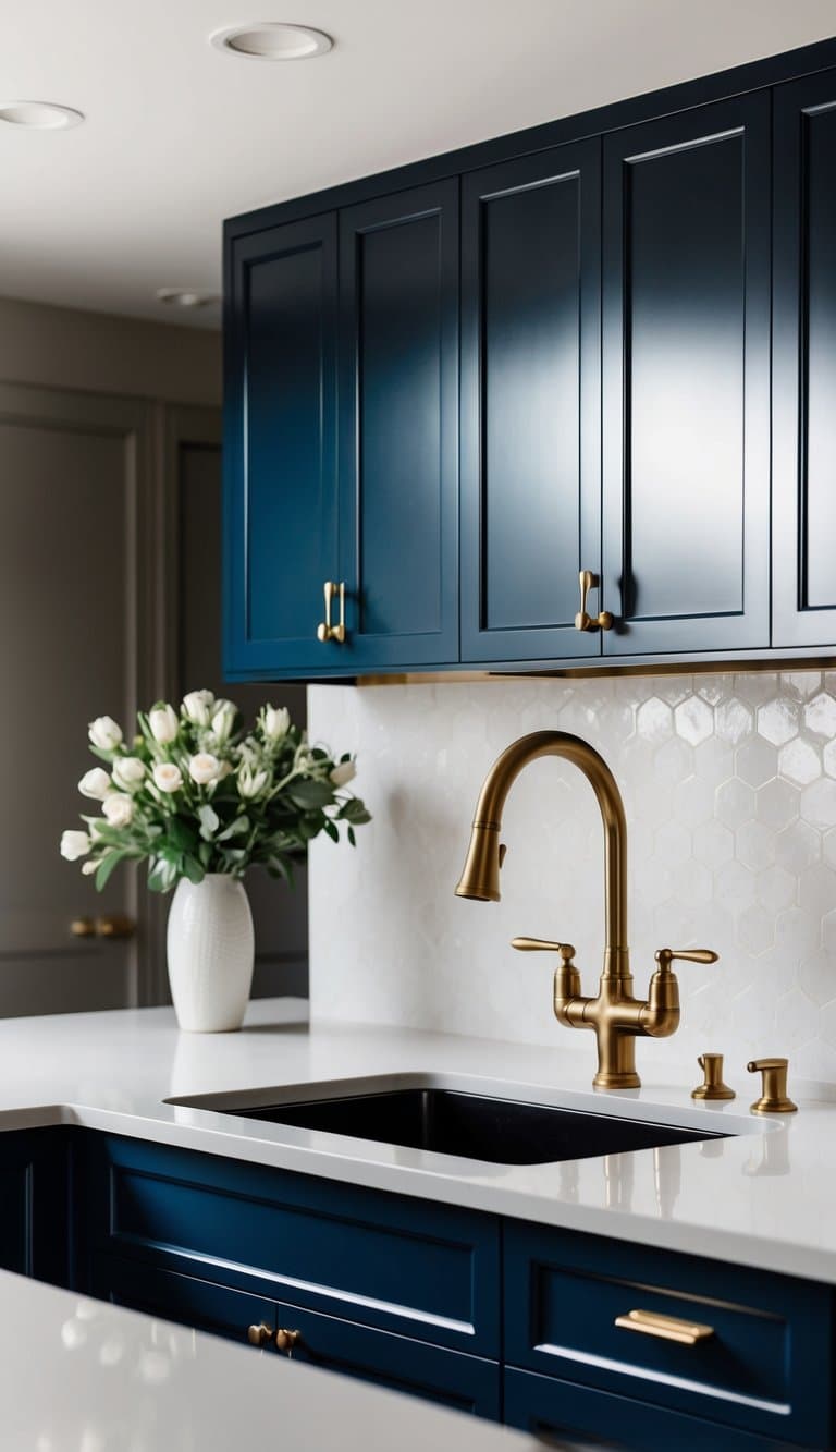 A sleek, navy blue kitchen with brass faucet fixtures exuding elegance and sophistication