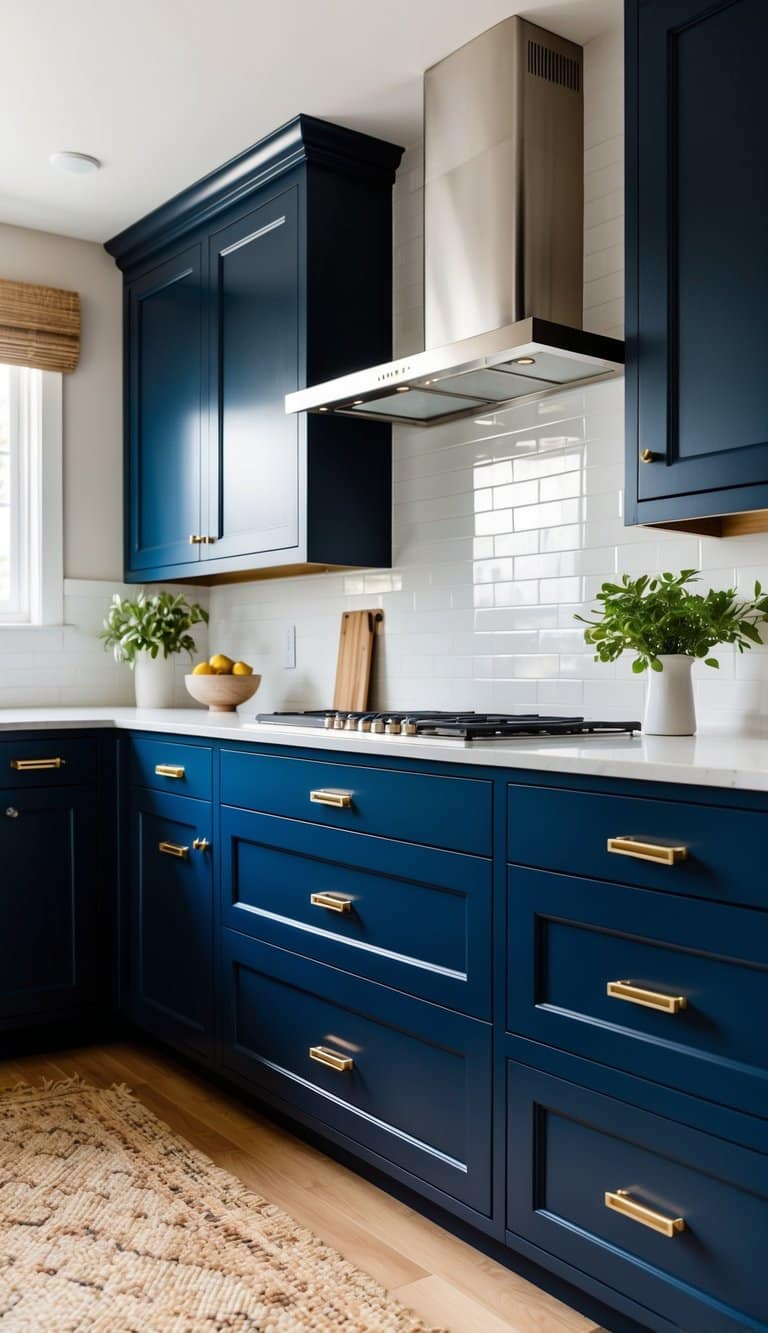Navy blue lower cabinets with brass hardware in a modern kitchen