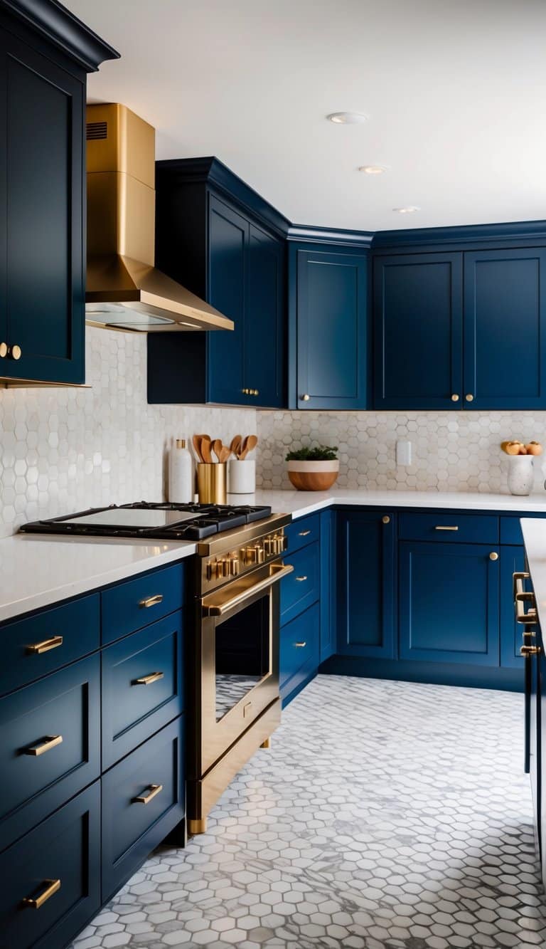 A sleek kitchen with navy blue cabinets and brass hardware, featuring modern hexagonal tiles for a bold transformation