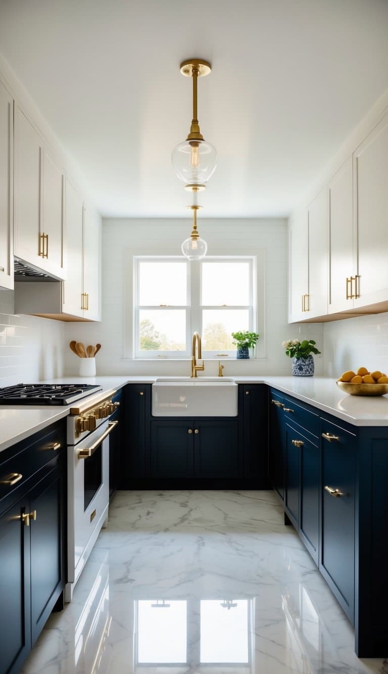 A sleek navy and white kitchen with brass hardware and bold accents