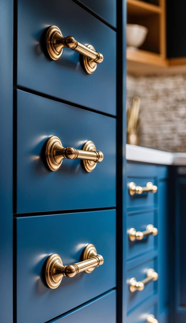 Brass drawer pulls and handles gleaming against navy blue cabinets in a modern kitchen
